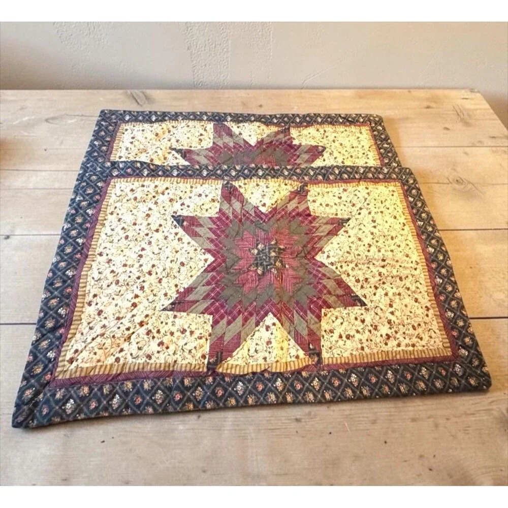 2 Vtg JC Penney Quilted Patchwork Star King Pillow Sham Navy Maroon Ivory Calico